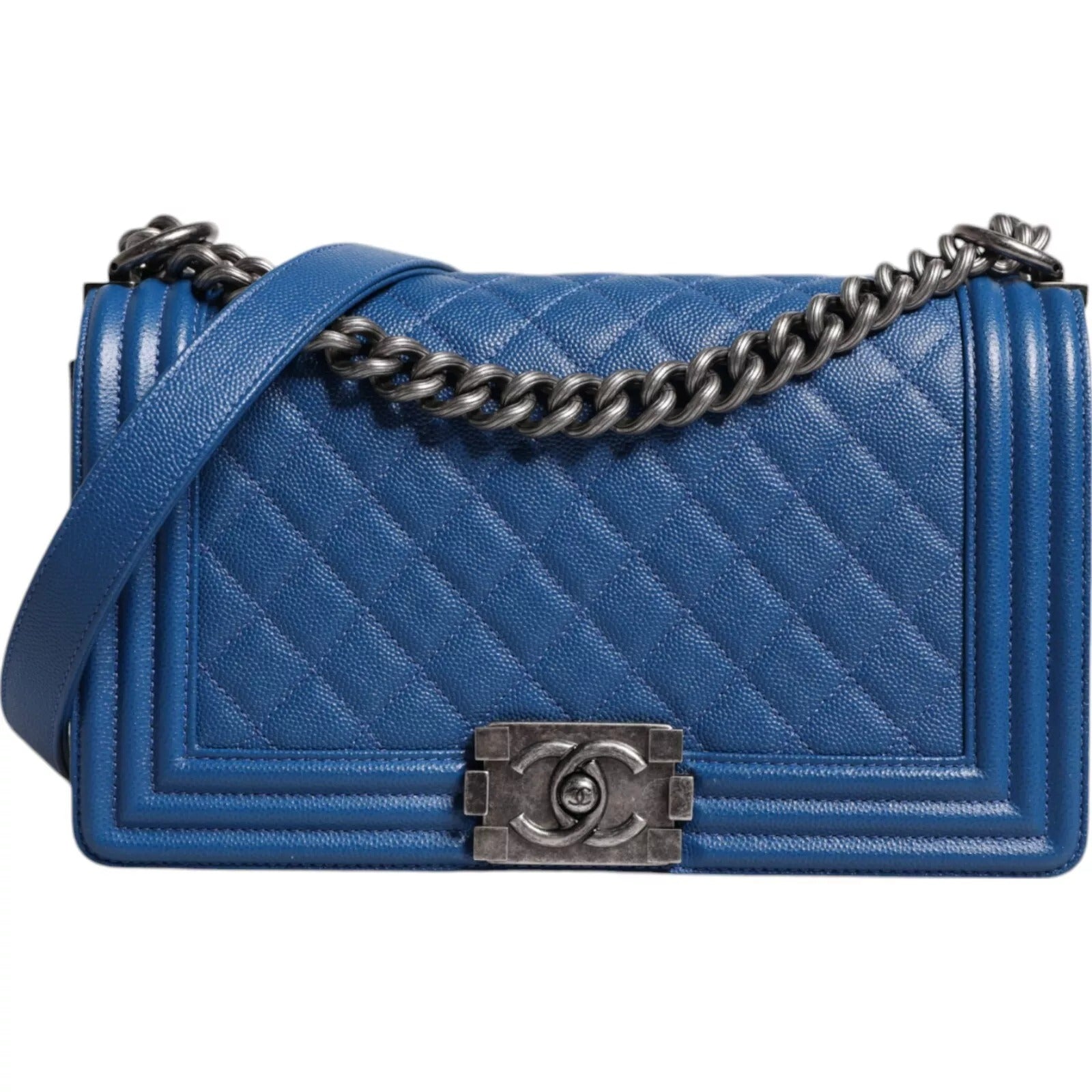 Chanel Mavi Kuzu Derisi Çift Zincirli Deri Orta Boy Omuz Çantası